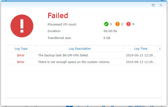 Synology Active Backup for Business error: there is not enough space left on the system volume